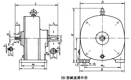 SB系列雙擺線針輪減速機外形及安裝尺寸、針齒中心圓直徑及傳動比