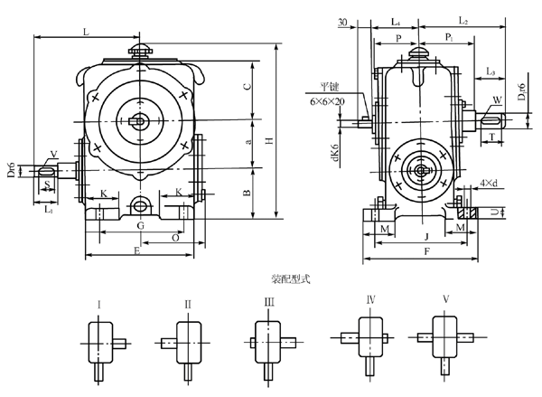 圓柱蝸杆減速器的外形、安裝尺寸及裝配形式